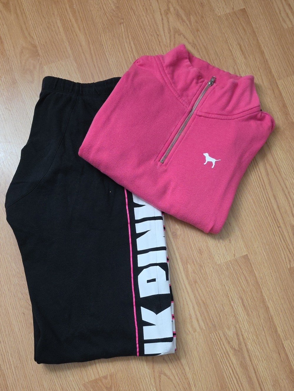Pink Quarter-Zip Fleece Top and Black Logo Joggers Set